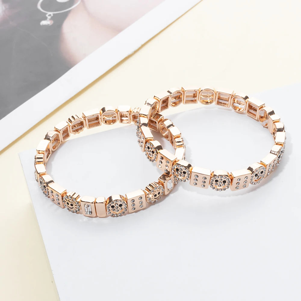 BEUTIFOR Happy Face Women’s Tile Bracelet – Gold Color Dice Beads & Crystal Bangle