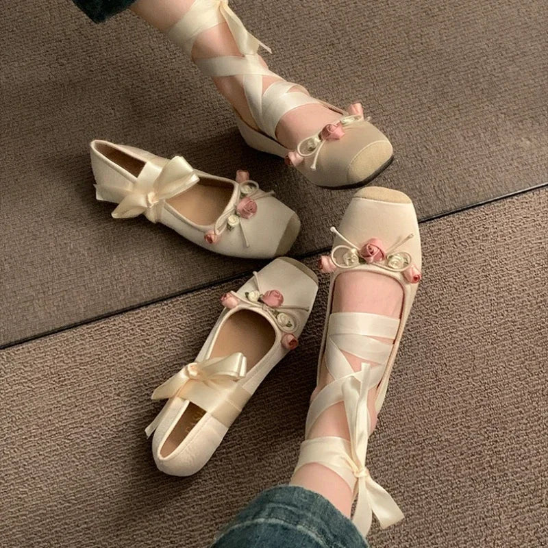 2025 Women’s Cross Tie Ballet Flats – Sweet Mary Jane Square Toe with Bow
