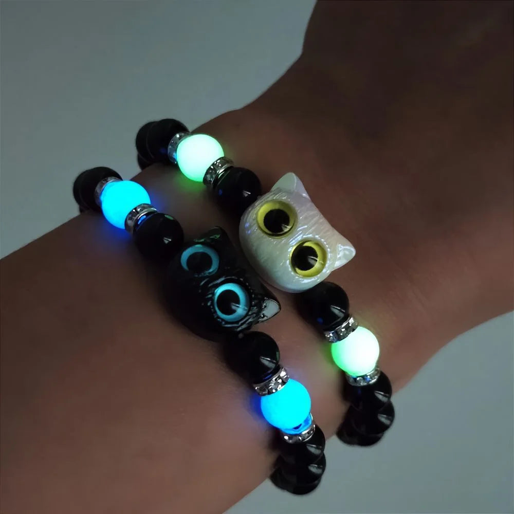 Matching Couples Jewelry Set: Cat Head Bangles & Necklace, Glow-in-the-Dark for Him and Her