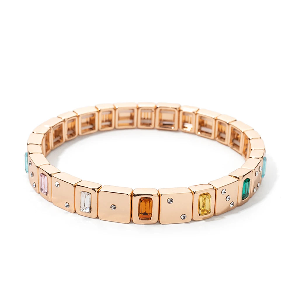 BEUTIFOR Happy Face Women’s Tile Bracelet – Gold Color Dice Beads & Crystal Bangle