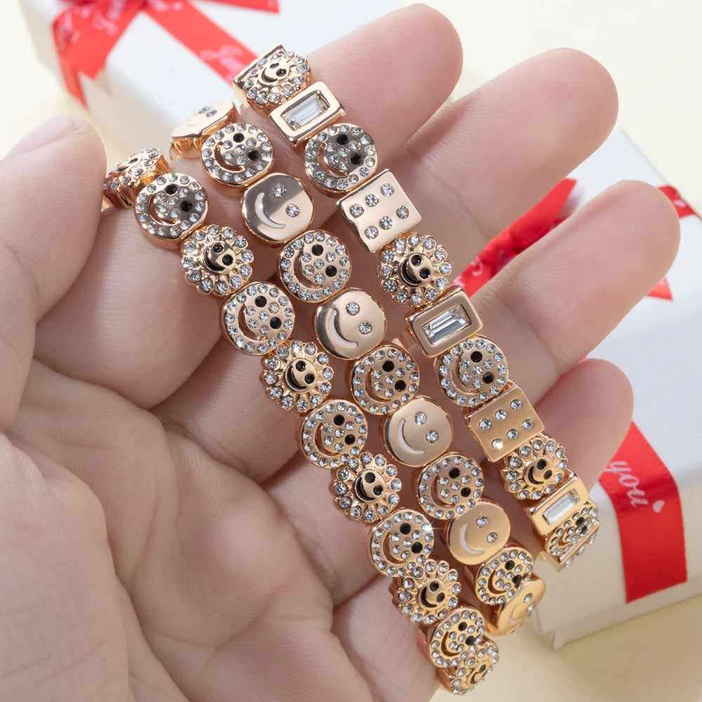 BEUTIFOR Happy Face Women’s Tile Bracelet – Gold Color Dice Beads & Crystal Bangle