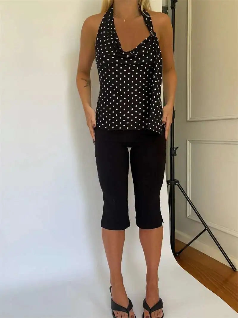 Blifanbo Women's Halter Polka Dot Backless Crop Top – Summer Lace-Up Tank
