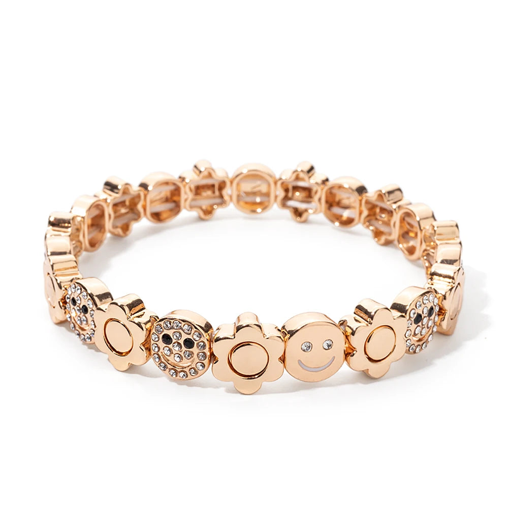 BEUTIFOR Happy Face Women’s Tile Bracelet – Gold Color Dice Beads & Crystal Bangle