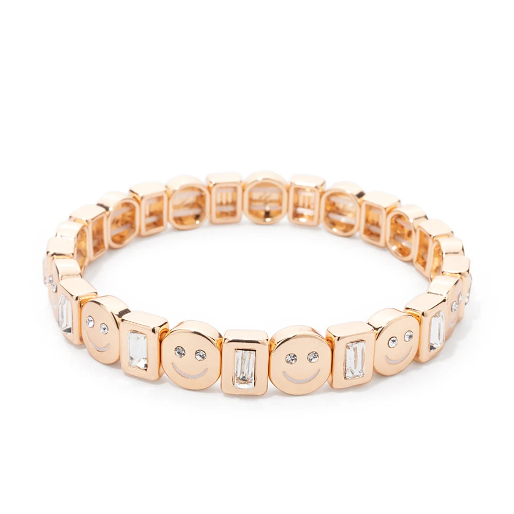 BEUTIFOR Happy Face Women’s Tile Bracelet – Gold Color Dice Beads & Crystal Bangle