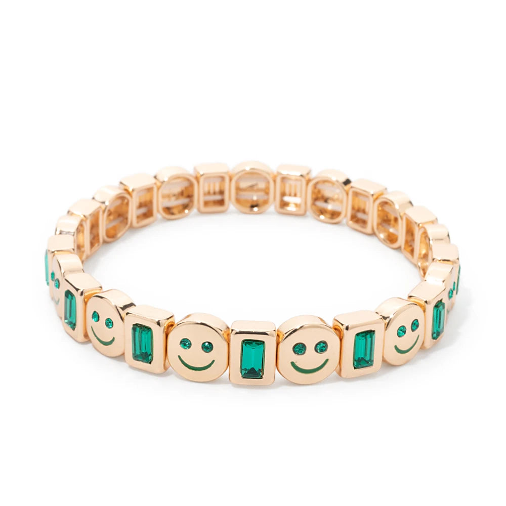 BEUTIFOR Happy Face Women’s Tile Bracelet – Gold Color Dice Beads & Crystal Bangle