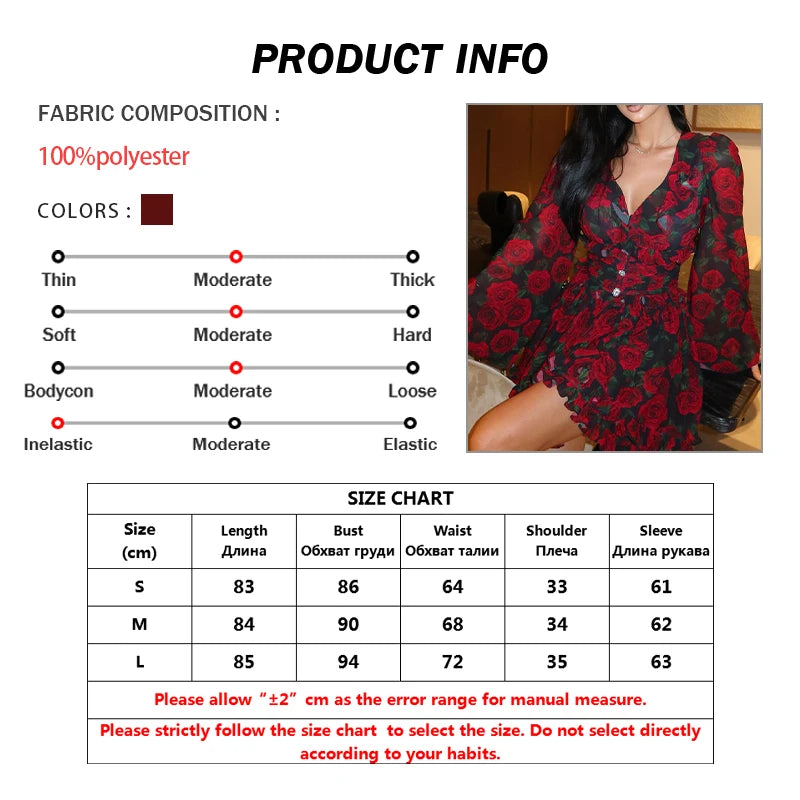 Oymimi Elegant Red Print Women's V-Neck Long Sleeve Button Dress – High Waisted Ruffled Mini