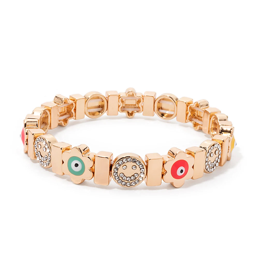BEUTIFOR Happy Face Women’s Tile Bracelet – Gold Color Dice Beads & Crystal Bangle