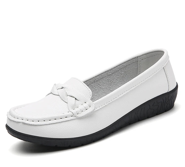 2025 Women’s Soft Leather Loafers – White Slip-On Casual Flats