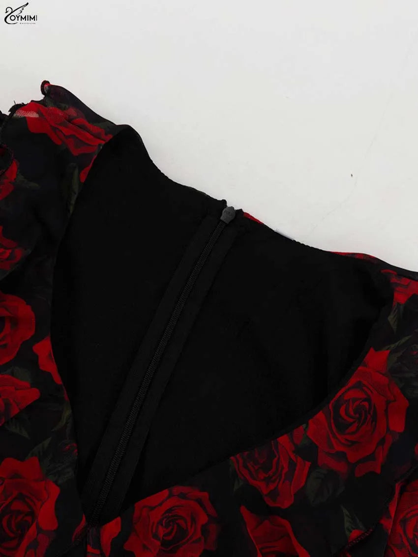 Oymimi Elegant Red Print Women's V-Neck Long Sleeve Button Dress – High Waisted Ruffled Mini