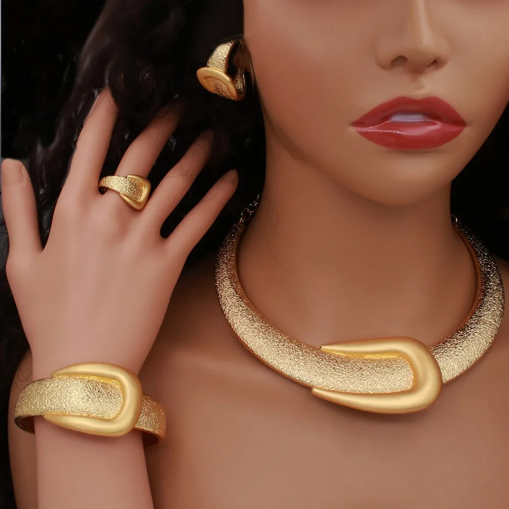 2025 Exaggerated Dubai Gold Jewelry Set – Large Necklace, Bangle, Earrings, and Ring
