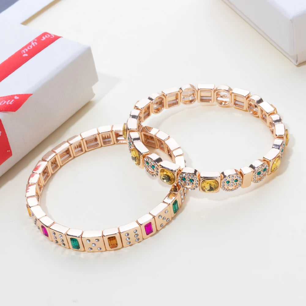BEUTIFOR Happy Face Women’s Tile Bracelet – Gold Color Dice Beads & Crystal Bangle