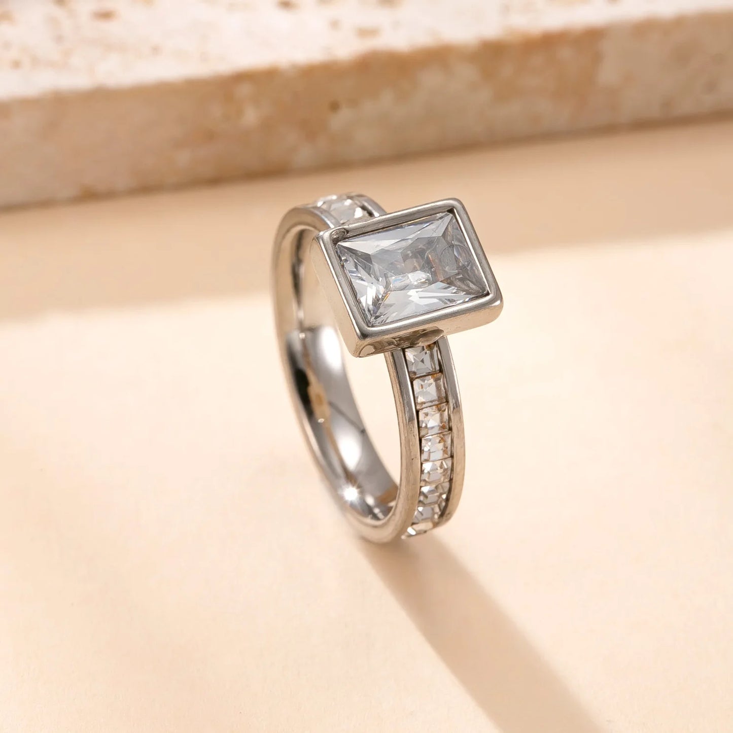 Luxury Square Zircon Stainless Steel Ring – Women's Fashion Jewelry