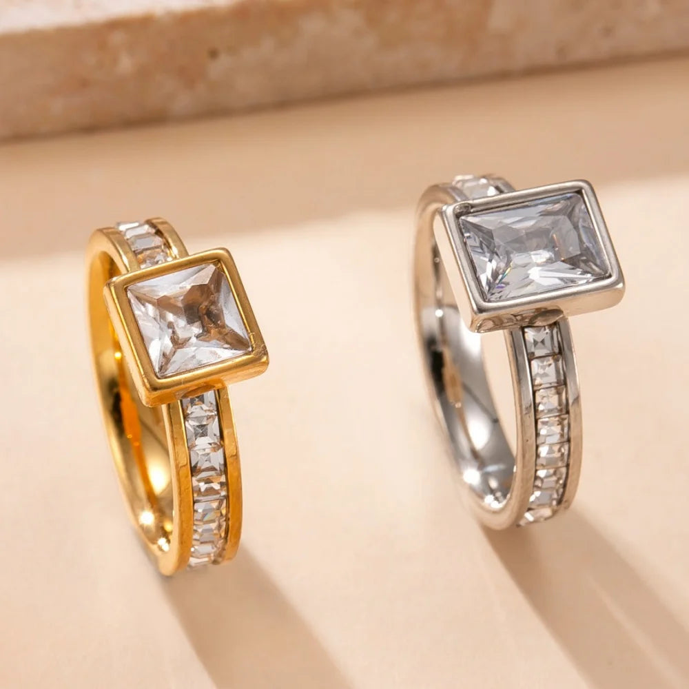 Luxury Square Zircon Stainless Steel Ring – Women's Fashion Jewelry