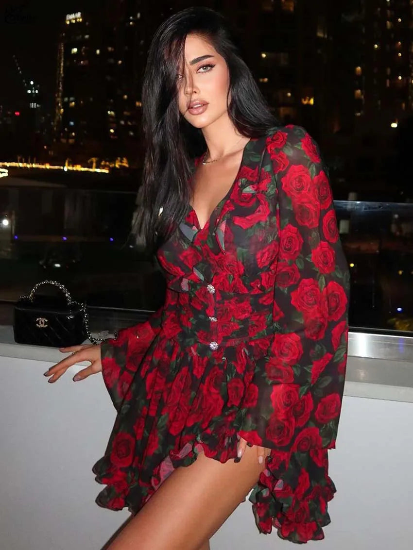 Oymimi Elegant Red Print Women's V-Neck Long Sleeve Button Dress – High Waisted Ruffled Mini