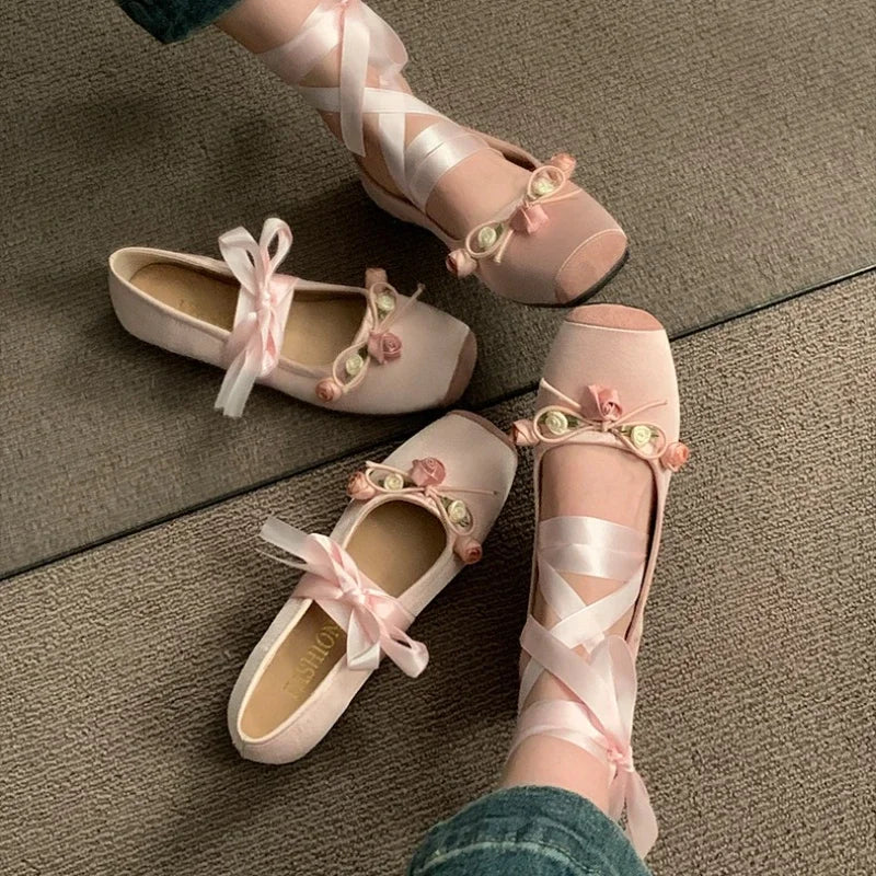 2025 Women’s Cross Tie Ballet Flats – Sweet Mary Jane Square Toe with Bow