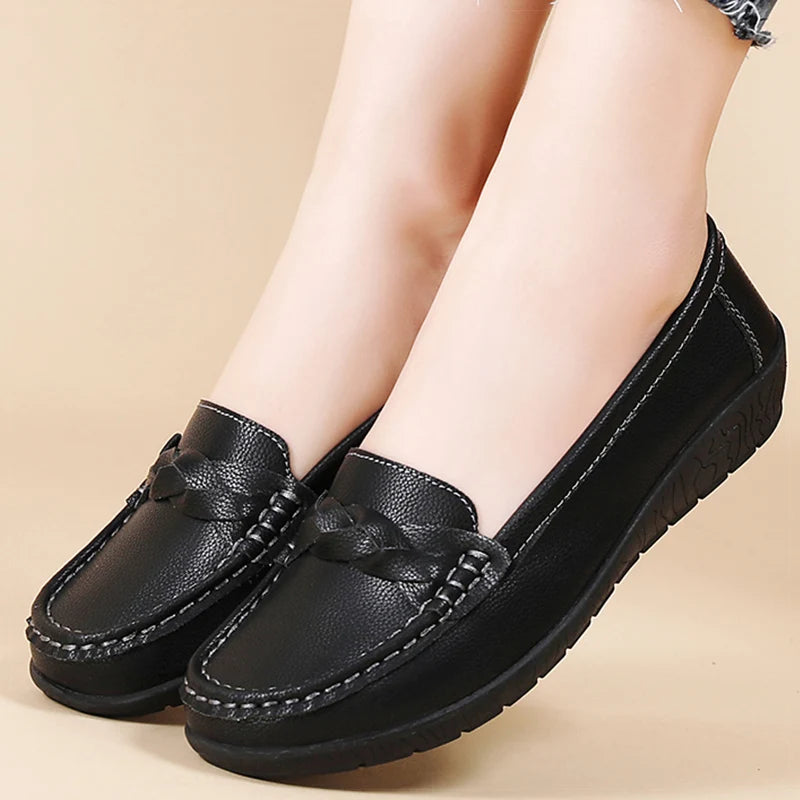2025 Women’s Soft Leather Loafers – White Slip-On Casual Flats