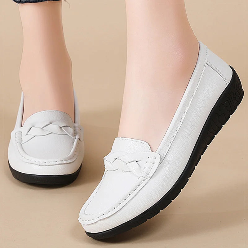 2025 Women’s Soft Leather Loafers – White Slip-On Casual Flats
