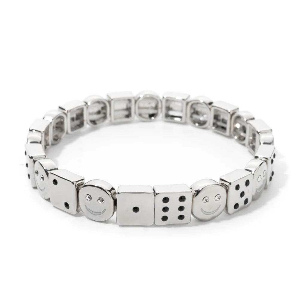 BEUTIFOR Happy Face Women’s Tile Bracelet – Gold Color Dice Beads & Crystal Bangle