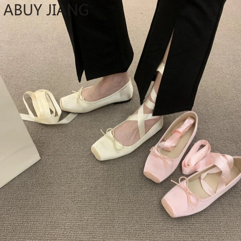 2025 Women’s Cross Tie Ballet Flats – Sweet Mary Jane Square Toe with Bow