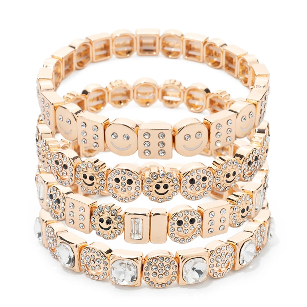 BEUTIFOR Happy Face Women’s Tile Bracelet – Gold Color Dice Beads & Crystal Bangle