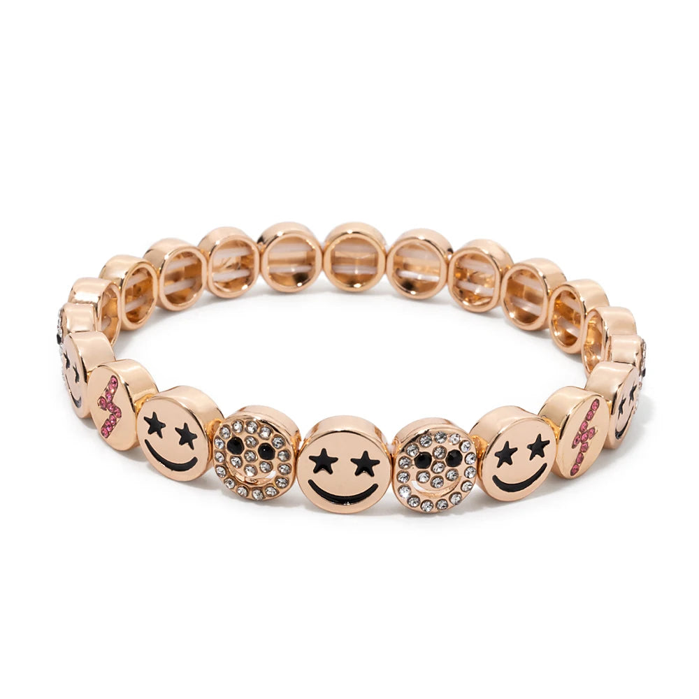 BEUTIFOR Happy Face Women’s Tile Bracelet – Gold Color Dice Beads & Crystal Bangle