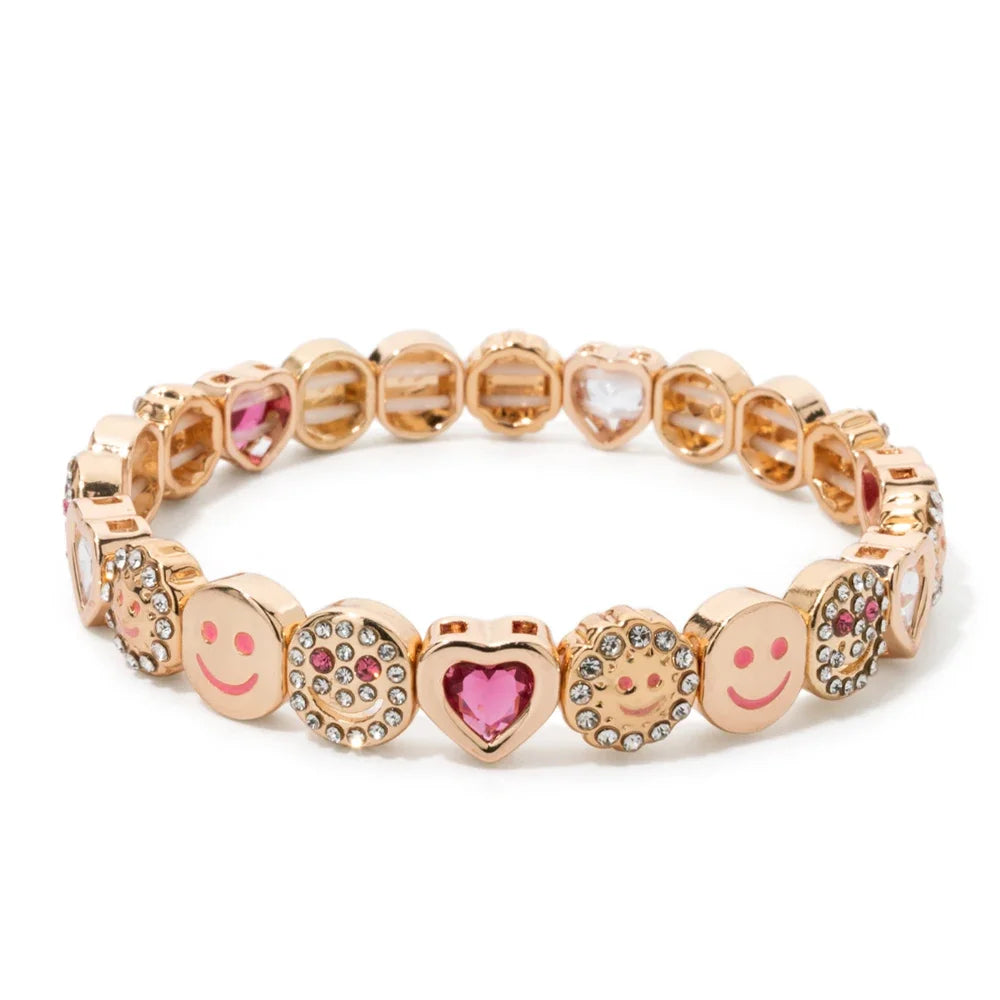 BEUTIFOR Happy Face Women’s Tile Bracelet – Gold Color Dice Beads & Crystal Bangle