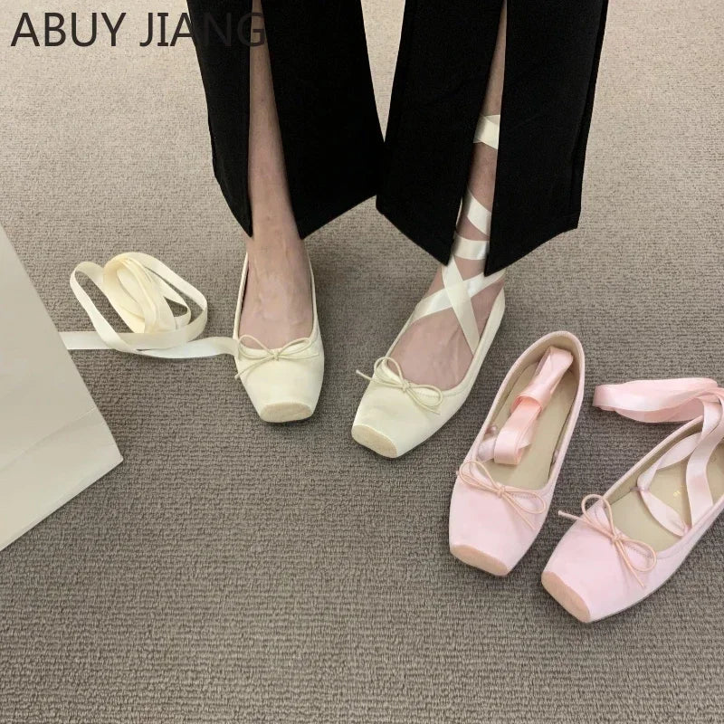 2025 Women’s Cross Tie Ballet Flats – Sweet Mary Jane Square Toe with Bow