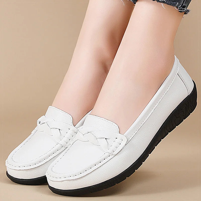 2025 Women’s Soft Leather Loafers – White Slip-On Casual Flats