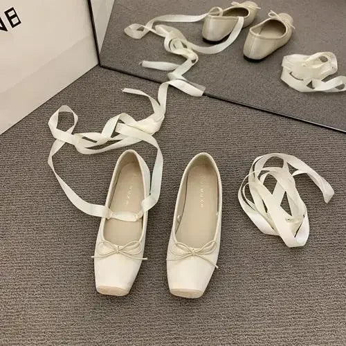 2025 Women’s Cross Tie Ballet Flats – Sweet Mary Jane Square Toe with Bow
