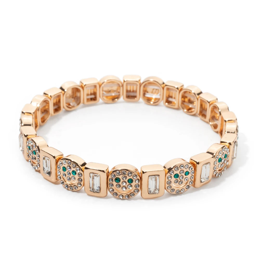 BEUTIFOR Happy Face Women’s Tile Bracelet – Gold Color Dice Beads & Crystal Bangle