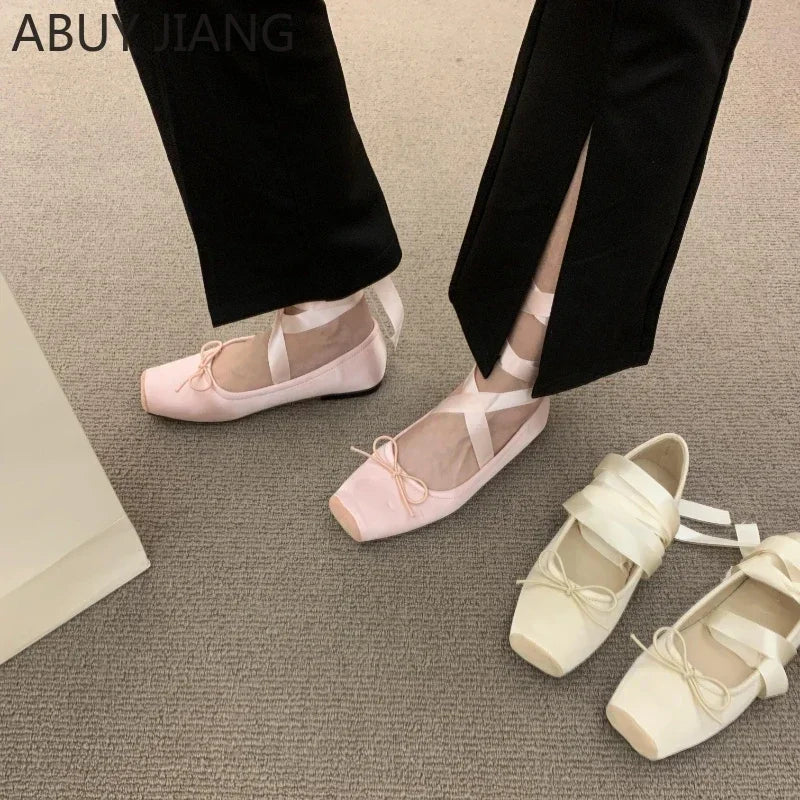 2025 Women’s Cross Tie Ballet Flats – Sweet Mary Jane Square Toe with Bow