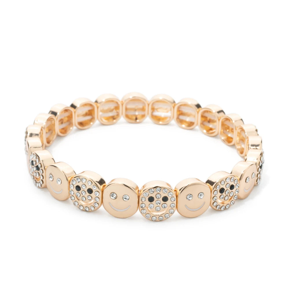 BEUTIFOR Happy Face Women’s Tile Bracelet – Gold Color Dice Beads & Crystal Bangle