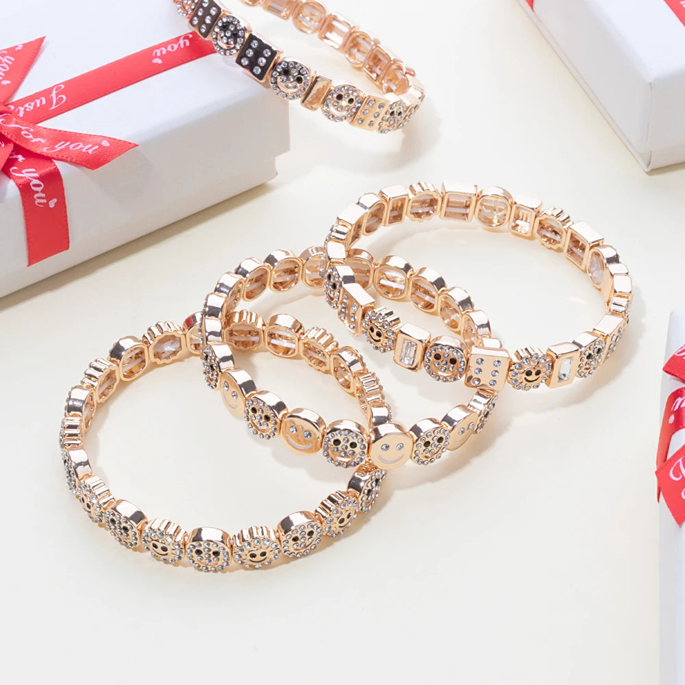 BEUTIFOR Happy Face Women’s Tile Bracelet – Gold Color Dice Beads & Crystal Bangle