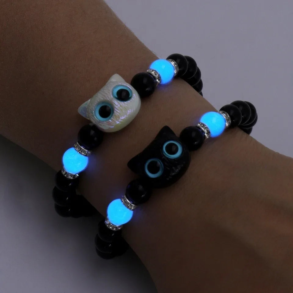 Matching Couples Jewelry Set: Cat Head Bangles & Necklace, Glow-in-the-Dark for Him and Her