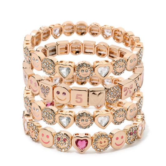 BEUTIFOR Happy Face Women’s Tile Bracelet – Gold Color Dice Beads & Crystal Bangle