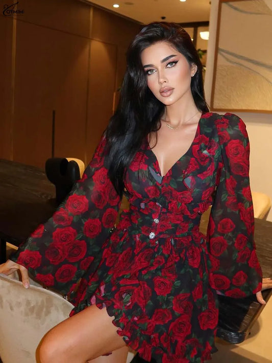 Oymimi Elegant Red Print Women's V-Neck Long Sleeve Button Dress – High Waisted Ruffled Mini