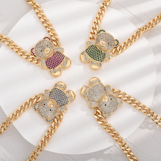 4-color bear necklace with sparkling cubic zirconia, copper anti-tarnish chain 45/50cm for women and girls