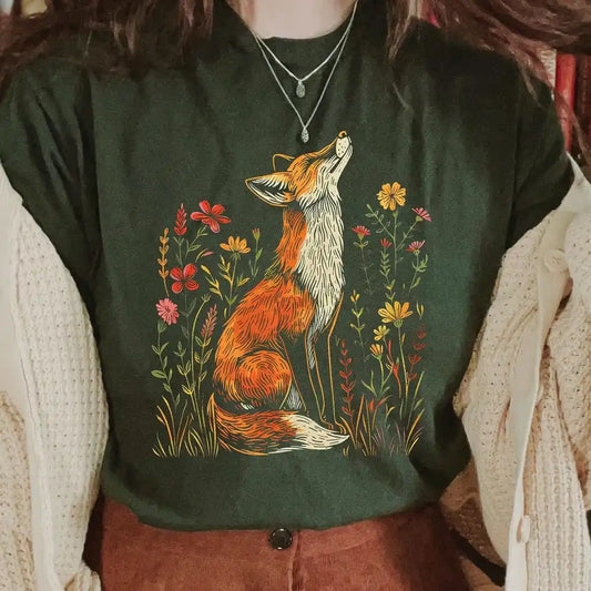 Vintage Wildflower Fox Shirt – Cottagecore Forestcore Casual Top