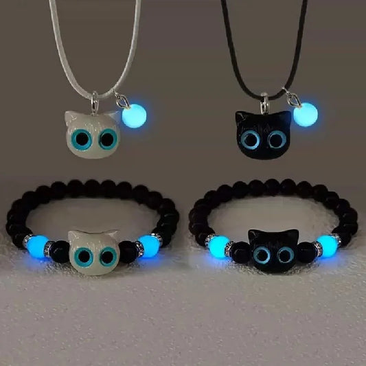 Matching Couples Jewelry Set: Cat Head Bangles & Necklace, Glow-in-the-Dark for Him and Her